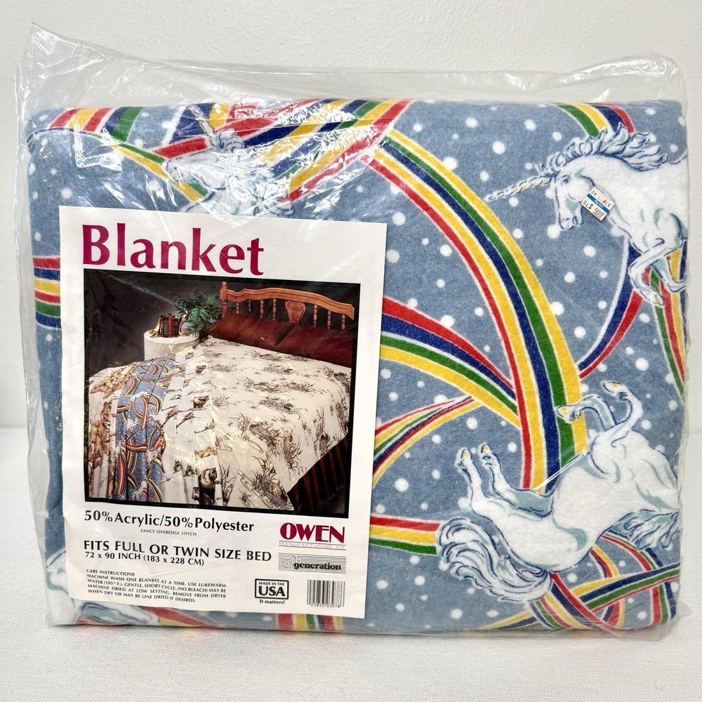 Vintage Magical Unicorn Rainbow Blanket Owen Mfg Co Full Twin 72X90 Retro USA